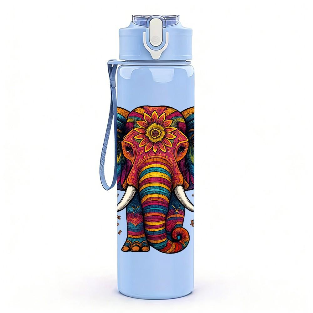 1PC Tribal Floral Elephant 750ml Color Plastic Sports Water Bottle Leakproof Flip Straw Lid Suitable for Sports Office Home Use