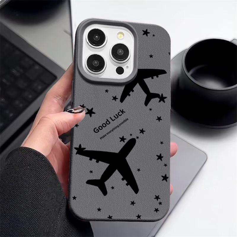 Airplane Pattern TPU Leather Texture Case For iPhone 16 Pro Max 15 Pro 14 13 12 11 Soft Matte Shockproof Lens Protection Slim Phone Cover