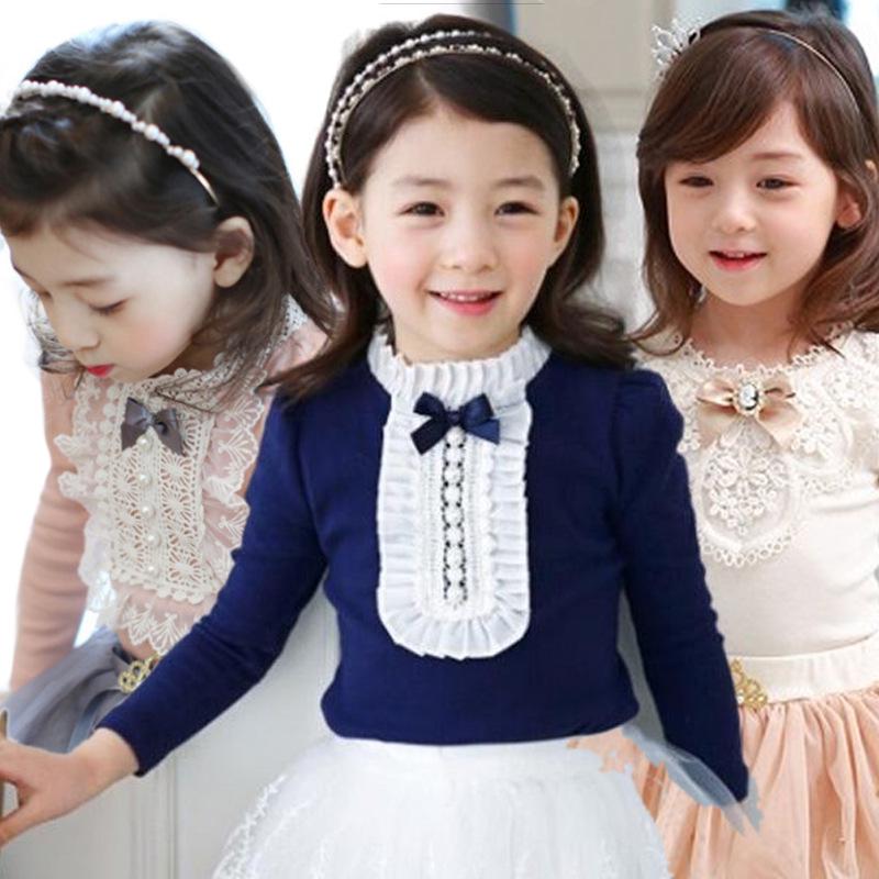 Girls' Spring & Autumn Korean Style Lace Beaded T-Shirt Top