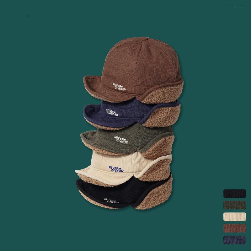 Retro Corduroy Lamb Wool Thickened Warm Ear Protection Women Winter Cute Wool Hat Men
