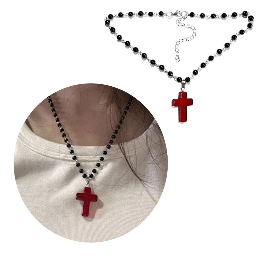 Gothic Pearl Beaded Choker Cross Pendant Necklace Punk Crucifix Neckchain Religious Clavicle Chain Party Accessory