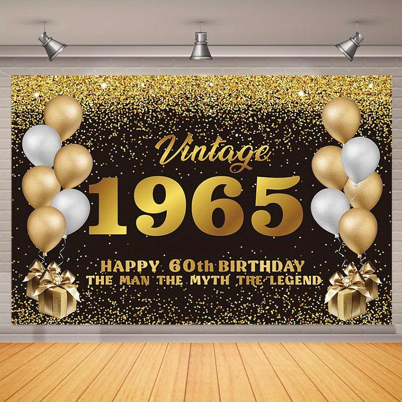 1 vintage 1965 birthday banner - black and gold glitter Happy 60th Birthday party background, birthday party decoration 130x150cm