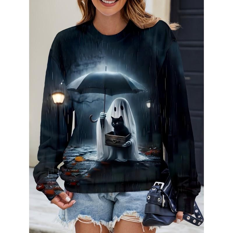 Womens Casual Hoodie With 3D Halloween Print Round Neck Lightweight Breathable Fabric