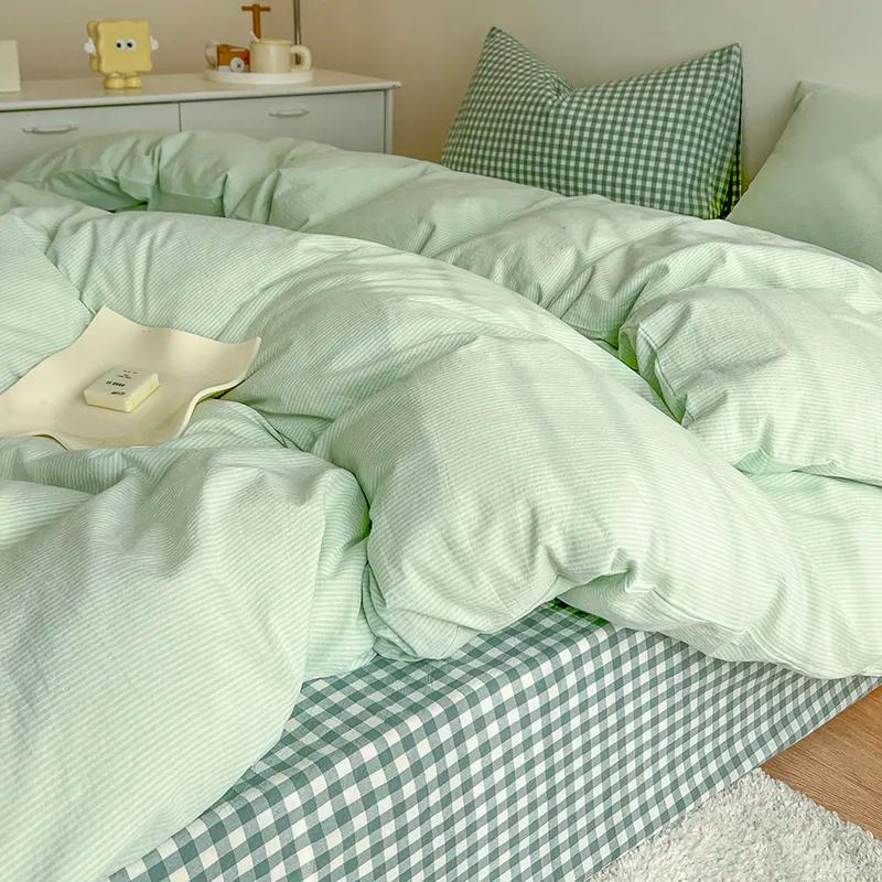Green Nordic Bedding Set Ins Plaid Girls Boys Double Queen Size Duvet Cover Flat Sheet Pillowcase New No Filler Bed Linens