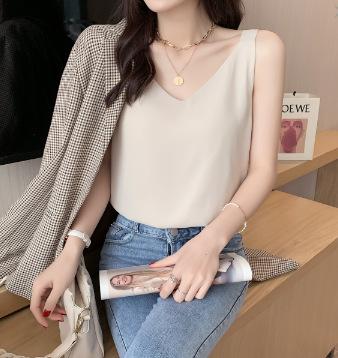 Women's Sleeveless Tank Top V Neck Fresh Sweet Camisole Solid Color Chiffon Backless Casual Summer Layering Blouse