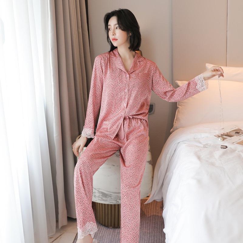 Spring and Autumn new leopard print pajamas women's ice silk thin long-sleeved small lapel Korean version can be worn outside loungewear suit
