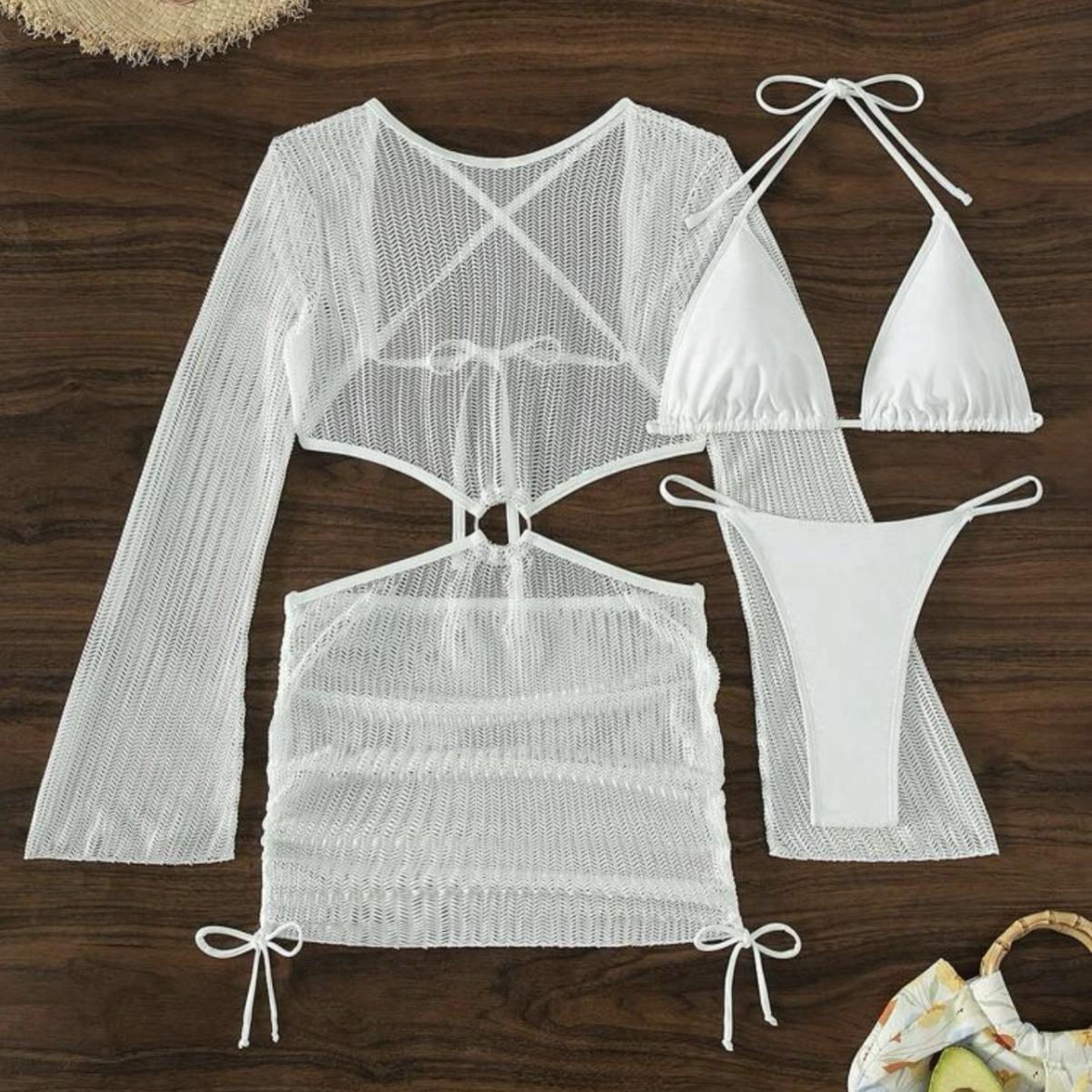 2026 European and American New Special Mesh Hollowed Drawstring Strap Swimsuit Swimsuit Bikini Three-piece Set S