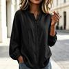 Women's Color Cotton Linen Loose Fit Round Neck Shirt with Cuffed Sleeves