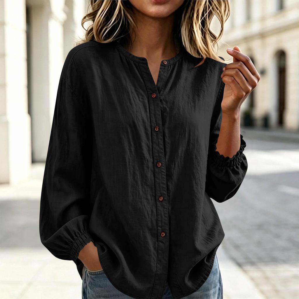 Women's Color Cotton Linen Loose Fit Round Neck Shirt with Cuffed Sleeves