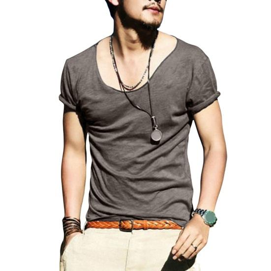 Men T-shirt Large V Neck Thin Solid Color Slim Fit Soft Short Sleeves Mid