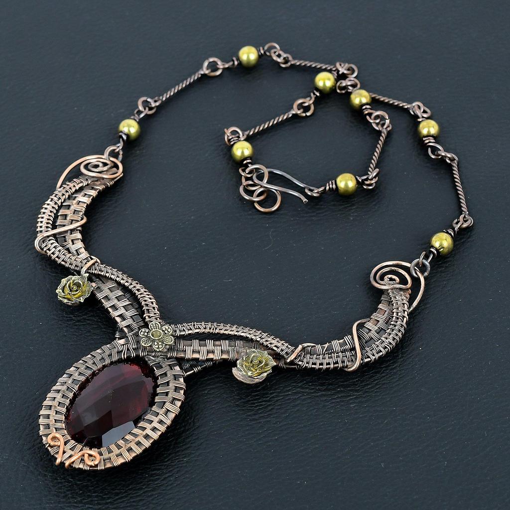 Faceted Red Garnet Necklace Handmade Jewelry, 999 Copper Wire Wrapped Necklace Designer Gemstone Jewelry Adjustable Chain Necklace Gift For Mom