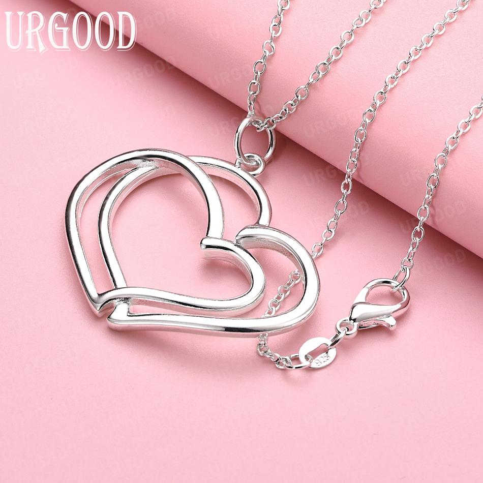 

925 Sterling Silver Double Heart Pendant Necklace Gift Fashion Wedding Jewelry 45cm