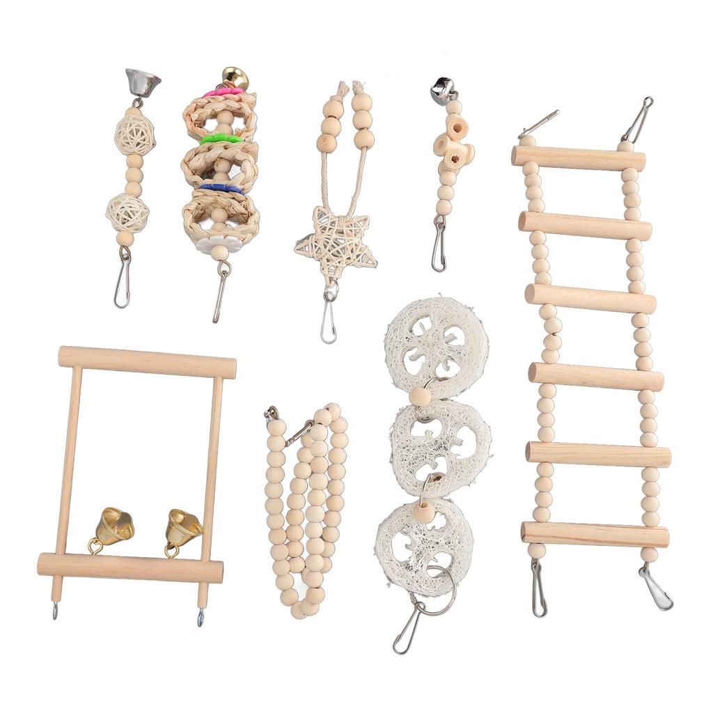 8 ks Sada žvýkacích hraček pro papoušky Závěsný zvonek Hračka do ptačí klece Šplhací žebřík Žvýkací hračky Dřevěné trhací