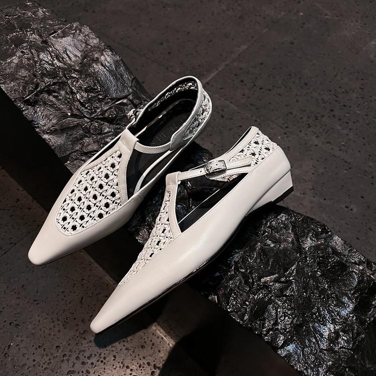 

Версия из коровьей кожи~ 2025 Французские плетеные сандалии Мэри Джейн с Т-образным ремешком для женского лета, новые туфли-лодочки с острым носком и низким каблуком для женщин 40 белый