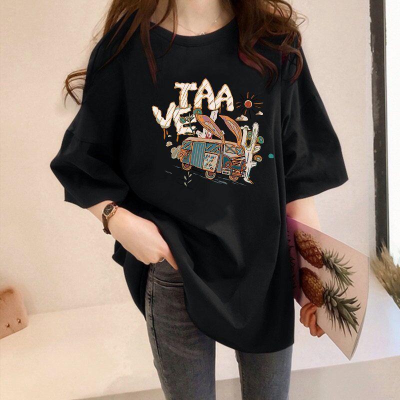 Damen Rundhals Kurzarm T-Shirt Lockerer Schnitt Cartoon Bus Buchstaben Aufdruck T-Shirt Große Größen Sommer Freizeit Oberteil