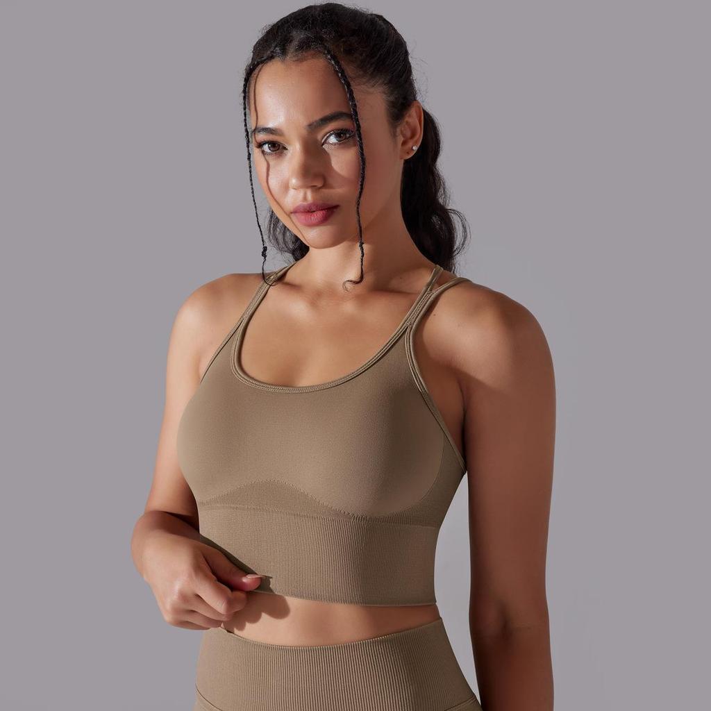 Solid Color Cross Back Sports Bra, Tight Fitting, Shock-absorbing, Gathering, High-strength Vest, Yoga And Fitness Bra For Women