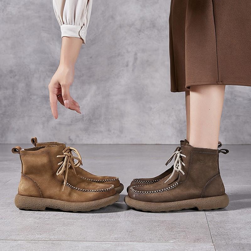 Johnature Retro Women's Ankle Boots Thick Soled Genuine Leather Lace Up Handmade Cowhide Short Boots