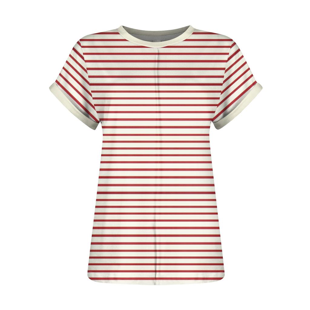 Women's Spring/Summer Leisure Stripe Printed Round Neck Short Sleeve Loose T-shirt