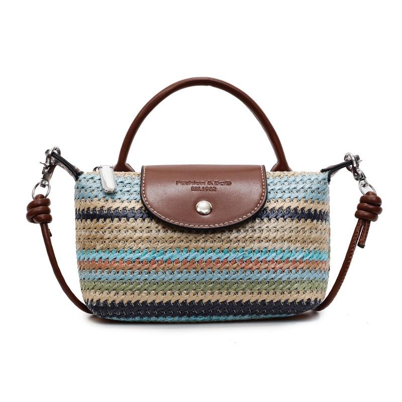 

Contrasting color striped dumpling bag women s new seaside vacation bag hand-held woven bag shoulder messenger bag синий