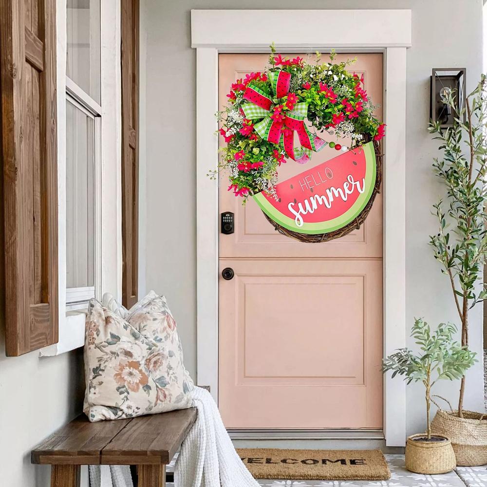 Summer Logo Wreath Watermelon Plaque Porch Decor, Summer Logo with Plastic Leaves Summer Home Farmhouse Porch Garden Patio Decor
