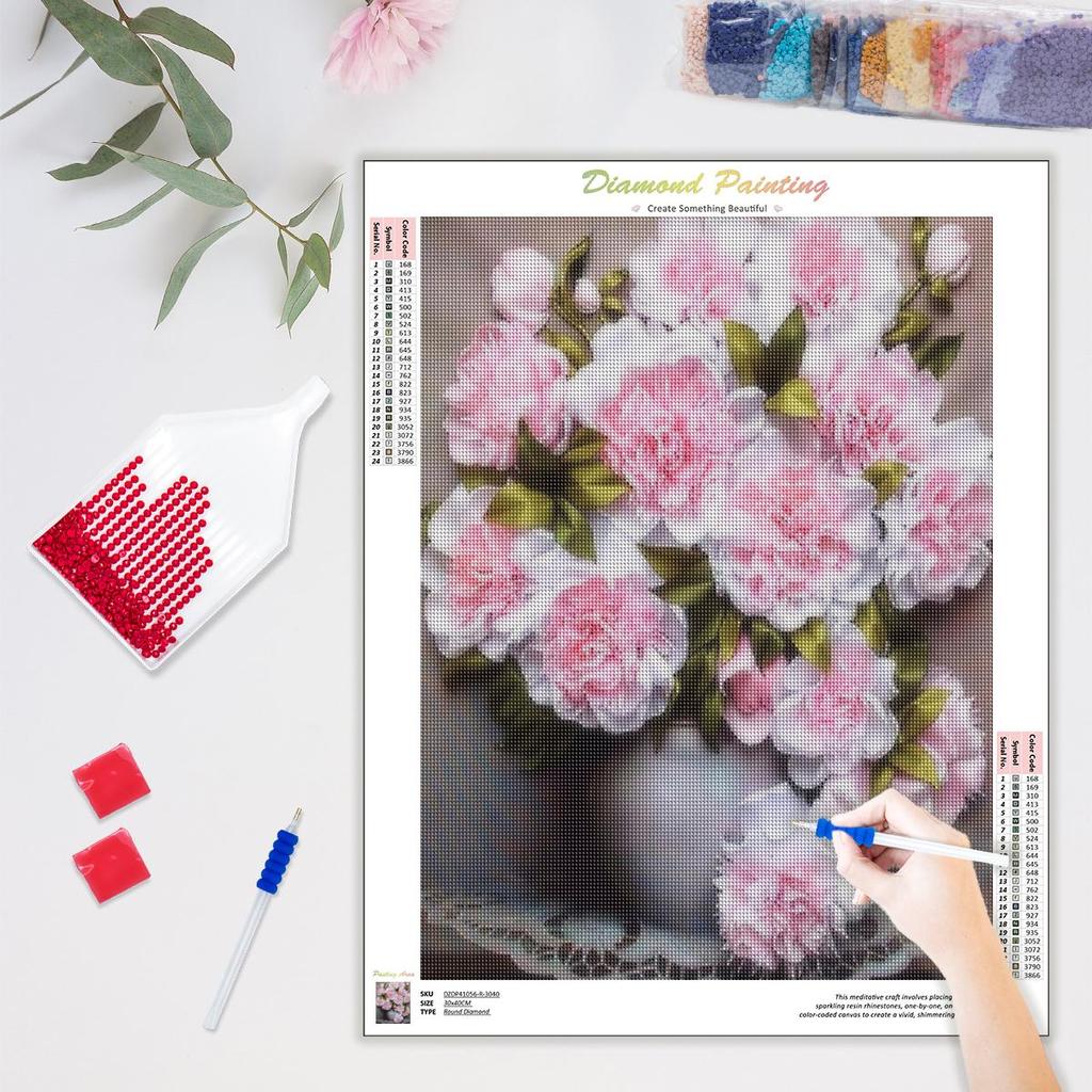 Diamond Painting Embroidery Cross Stitch Pink Flower Full Round Diamond Vase Mosaic Decor For Home 30x40cm/12x16inch