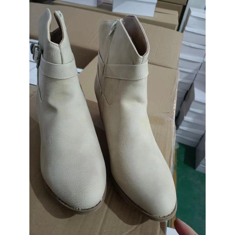 Large size western denim thick heel leather boots women's cross-border European and American style belt buckle side zipper middle heel Martin boots