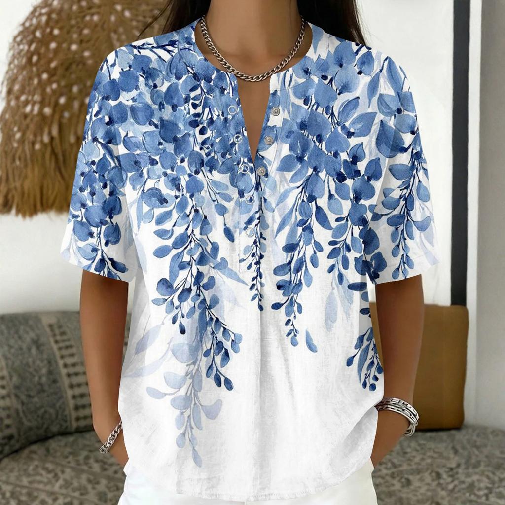 Women's Fashion V Neck Pullover Shirt Short Sleeve Casual Blouse Lightweight Loose Fit Top with Button Detail and Horizontal Stripe Pattern