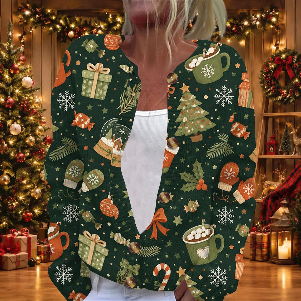 Women's Christmas Print Long Sleeve Knit Cardigan Sweater Button Front for Fall Winter