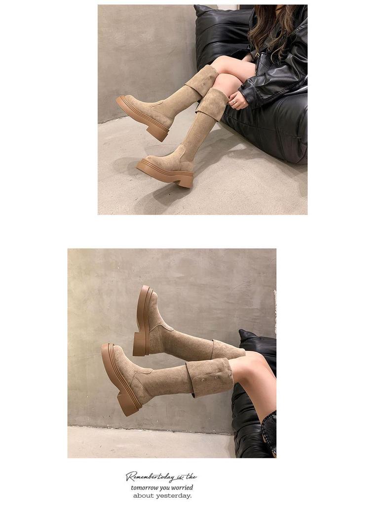 2025 Autumn/Winter Women's Chunky Heel Knee-High Foldable Boots