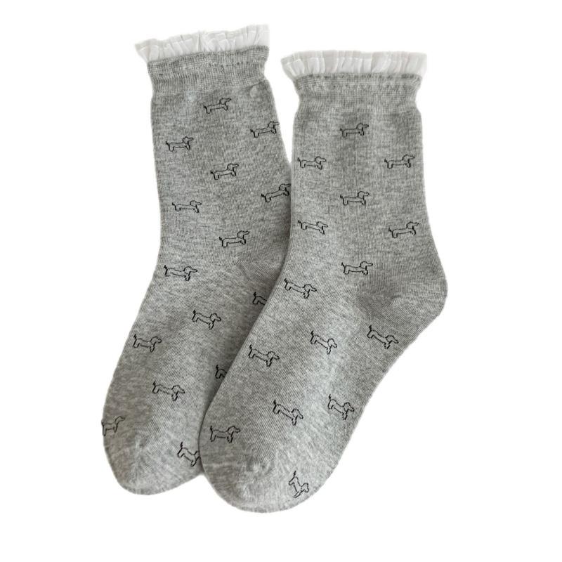 Lace Fringed Socks, Cute Girl Puppy, Mid-calf Pile Socks, Long Socks, Pure Cotton Socks