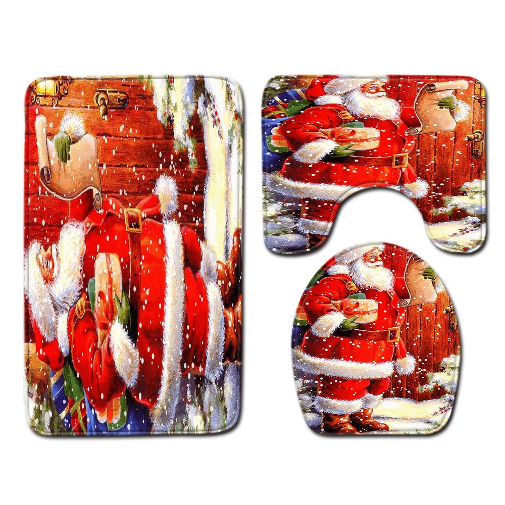 Christmas Shower Curtain Floor Mat Combination Four-Piece Set Bathroom Toilet Carpet Shower Room Mat Foot Mat