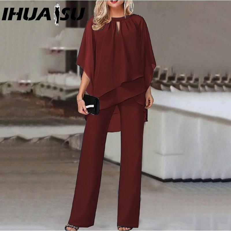 IHUASU Women's Fashion Solid Colour Loose Casual Irregular Trousers Set