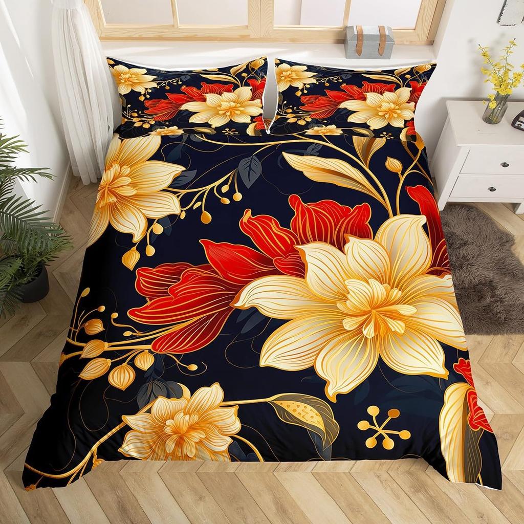 Botanical Lily Duvet Cover Twin Full Queen King Chic Floral Comforter Cover Boho Flower Bedding Set Watercolor Petals Bed Set