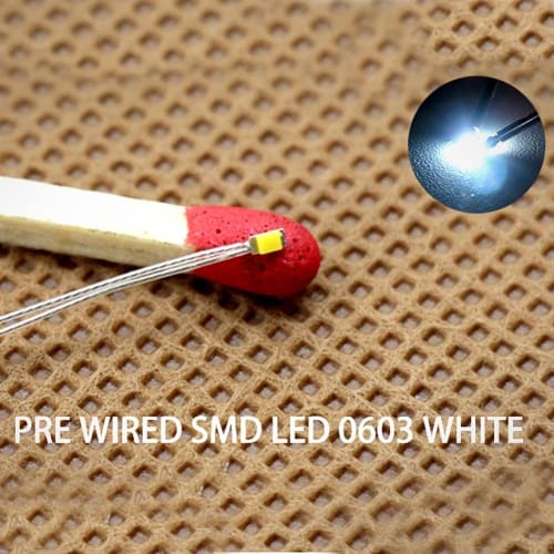 20-Pack White SMD 0603 Chip LEDs with PTFE Wiring for Model Trains, Railways, Buildings, and Dioramas