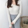Women Tops V-neck Long Sleeve Slim Fit Pullover Sweater Solid Color Ribbed Bottom Sweater Elastic Knitwear