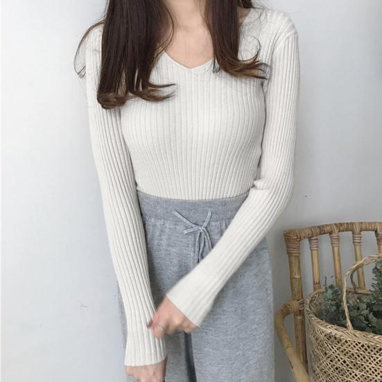 Women Tops V-neck Long Sleeve Slim Fit Pullover Sweater Solid Color Ribbed Bottom Sweater Elastic Knitwear