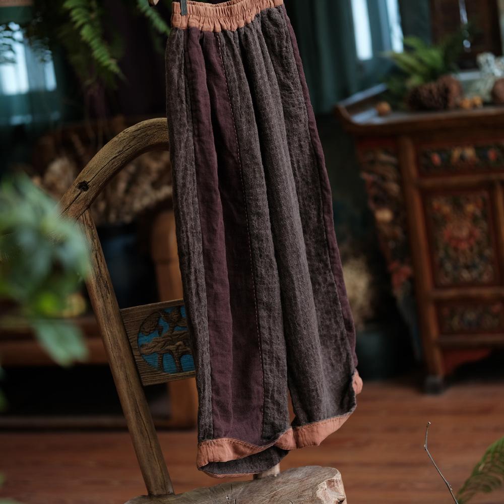 Johnature Women Vintage Patchwork Color Wide Leg Pants Elastic Waist Pockets Trousers Autumn Loose Pants