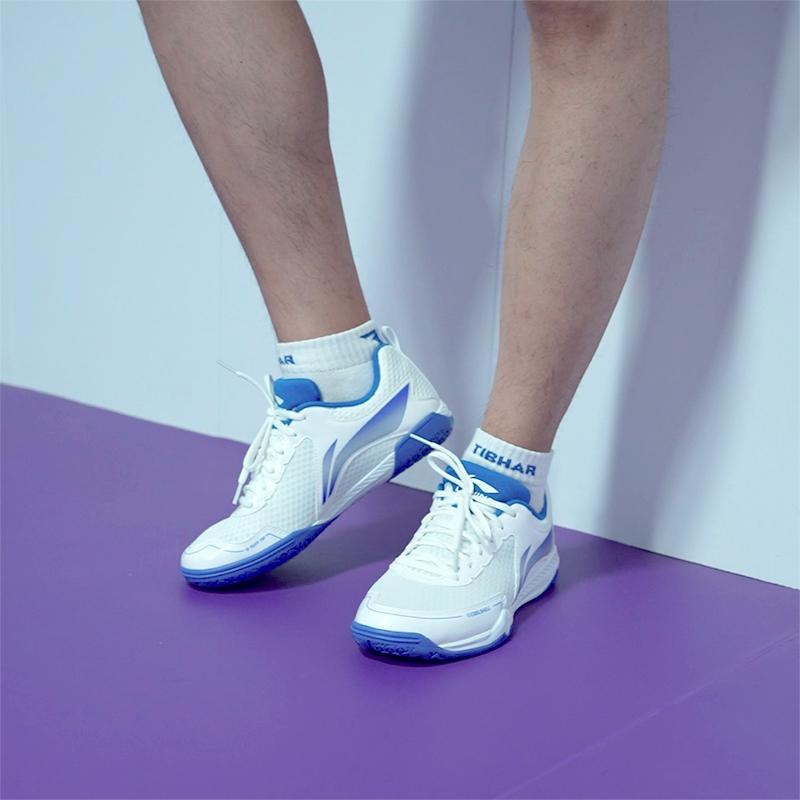 Li Ning Table Tennis Shoes Comfortable Simple Shock Absorption Support Breathable Non-Slip Low-Top Training Shoes Unisex Sneaker White Blue APTU005-1