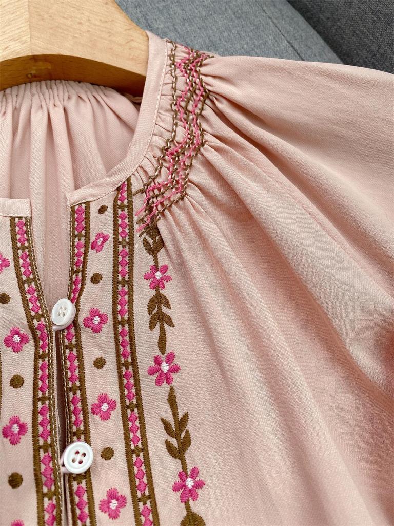 Elegant Ethnic Floral Embroidered Puff Sleeve Shirt for Women