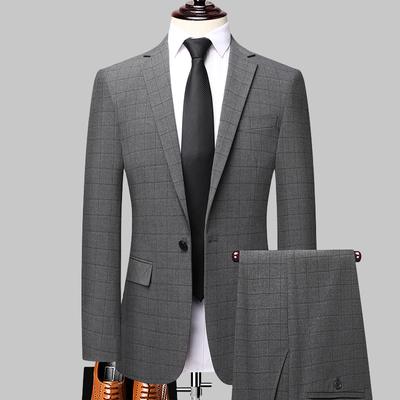 Spring and Autumn New Suit Suit Men's Suit Korean Version Slim Plaid Wedding Photo Suit Flat Barge Collar Wedding Best Man Suit