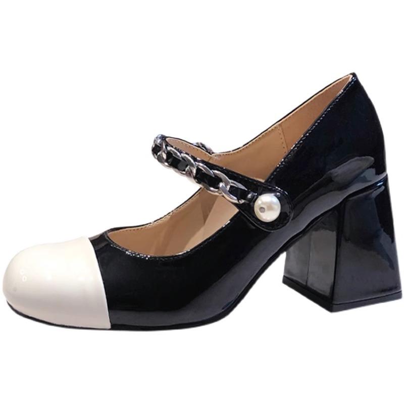 Internet celebrity high heels women's 2025 spring new retro French Mary Jane shoes women's small fragrant pearl thick heel shoes