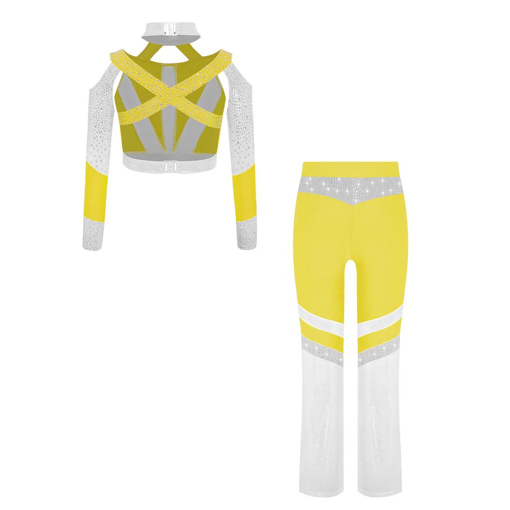 Girls Gymnastics Costume Long Sleeve Shiny Top Rhinestone Color Block Cross Back Flared Pants