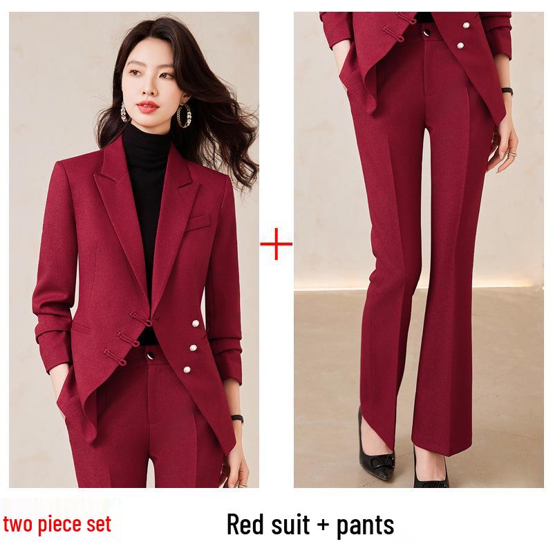 Women's High-End Red Blazer Suit - Casual, Professional, Celebrity Style for Autumn/Spring