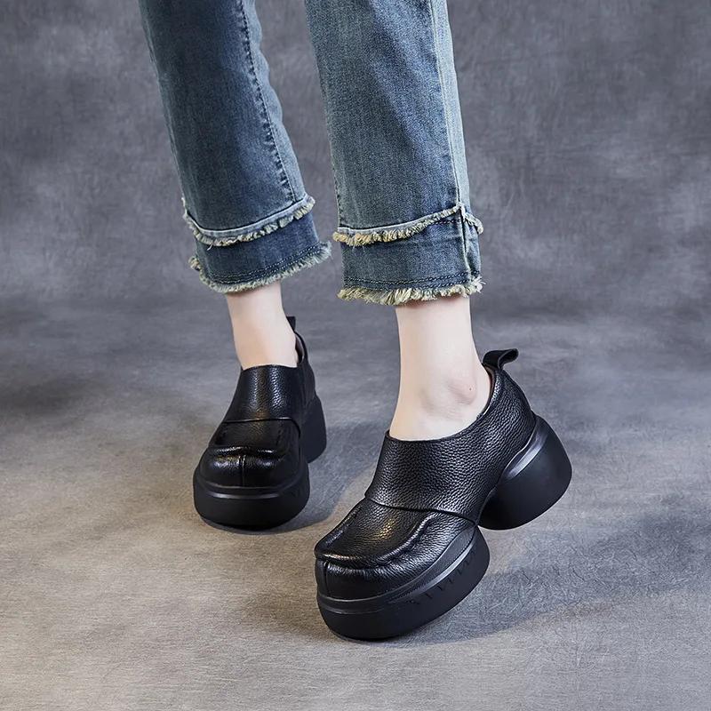 Fujin 6cm Ladies Autumn Shoes Women Cow Genuine Leather Slip on Ladies Fashion New Ethnic Platform Wedge Round Spring Mary Jane