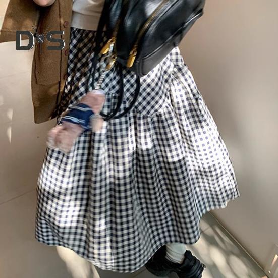 Women Midi Skirt Plaid Print Stitching Design A-Line Skirt Elastic High Waist Retro Style Swing Skirt Daily Wear