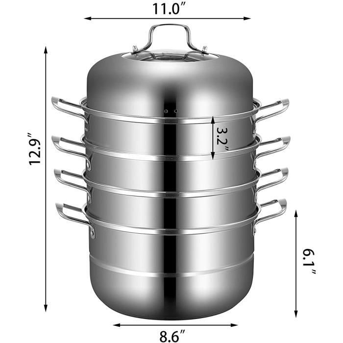 VEVOR Dampfgarer 5 Ebenen Edelstahl 30 cm Jede Ebene Stapelbar 8,5 cm 3 Dampftöpfe Kochtopf 16,5 cm Deckel Su A49