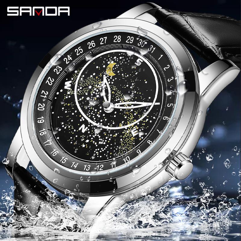 Sanda 7002 Men's Luminous Quartz Watch with Leather Strap & Rotating Starry Sky Dial