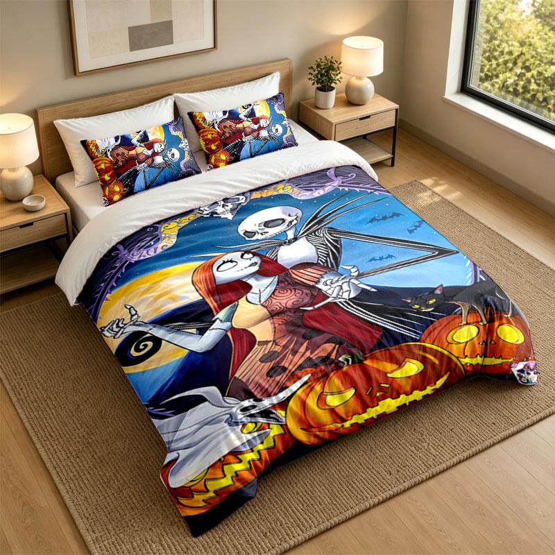 3Pcs Bedding SetThe Nightmare Before Christmas Jack Sally Soft Bed Sheet and Two Pillowcases Home Bedroom Decor