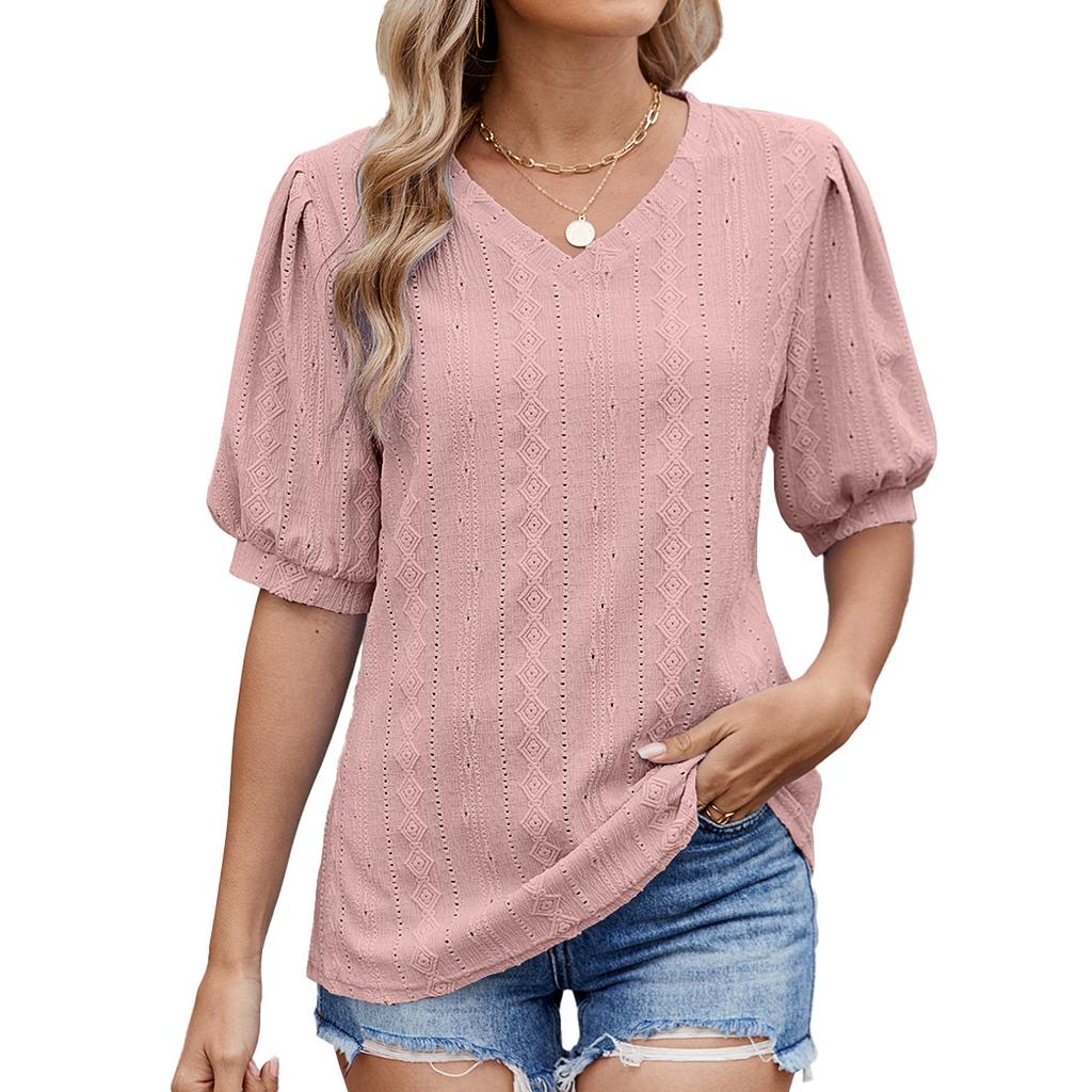 Frühling und Sommer Neues einfarbiges V-Ausschnitt Hohl Kurzarm Casual Damen T-Shirt