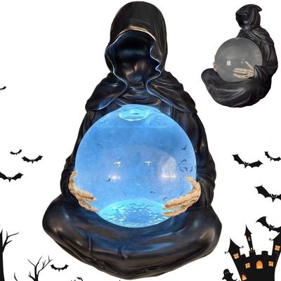 Křišťálová koule bohů smrti Socha Halloweenského Smrťáka Gotická figurka Pryskyřičná ozdoba Halloweenské dekorace